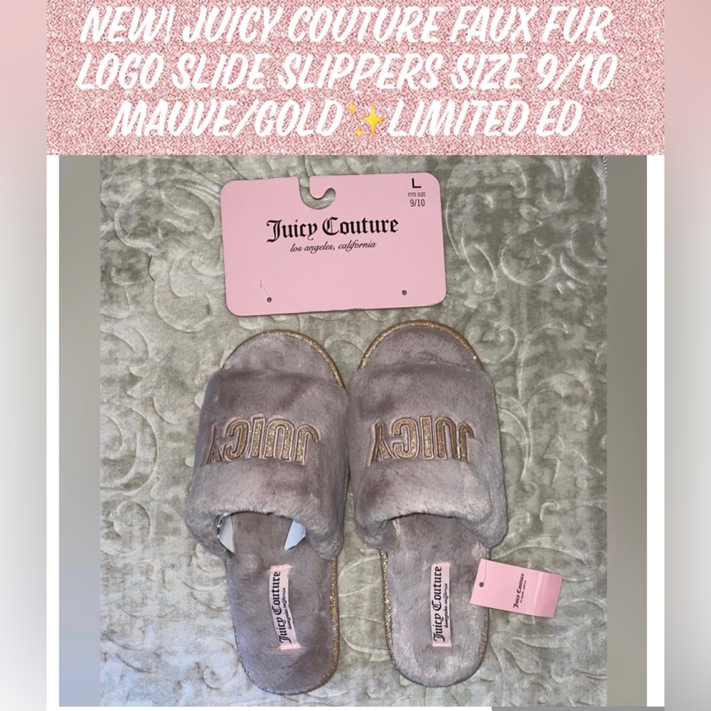 🎉HP🎉New! Juicy Couture Faux Fur Logo Slide Slippers Size 9/10 Mauve/Gold✨Lt Ed